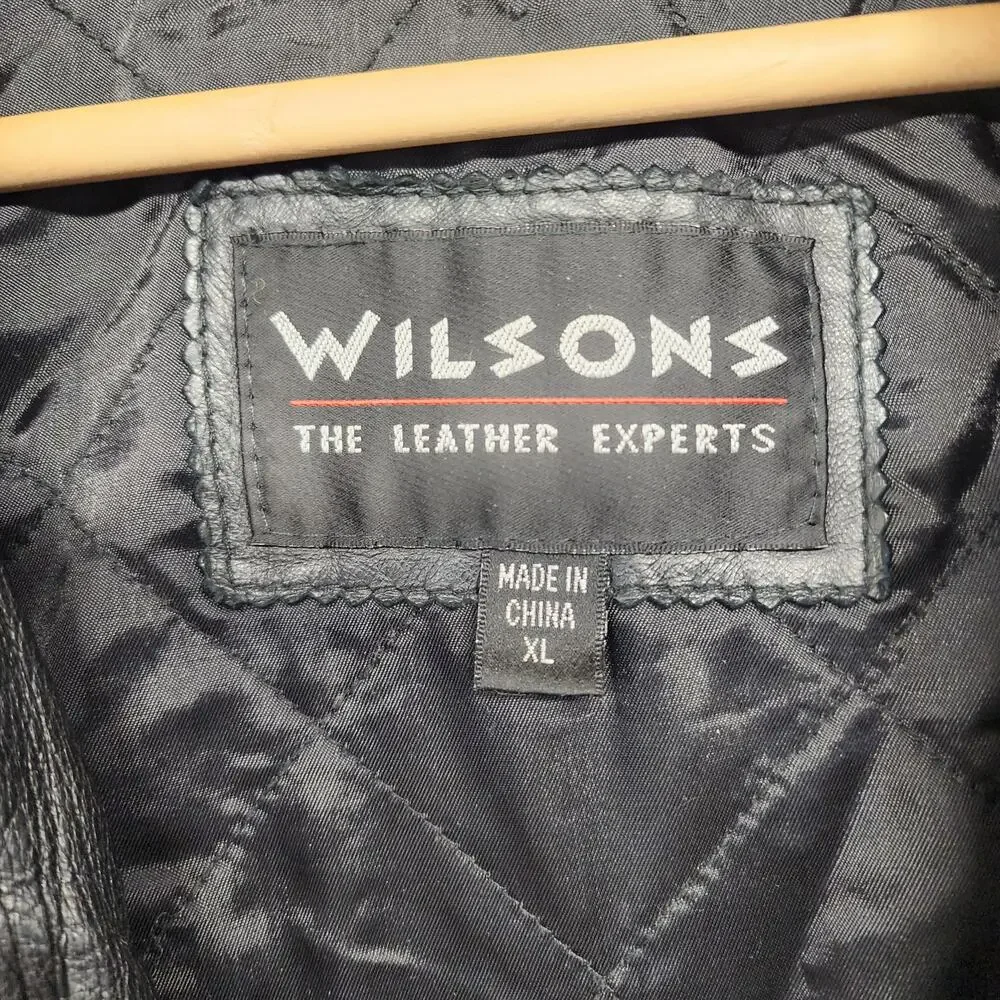 Wilsons Leather Coat Mens XL Black Distressed Pockets Winter Quilted Lining
